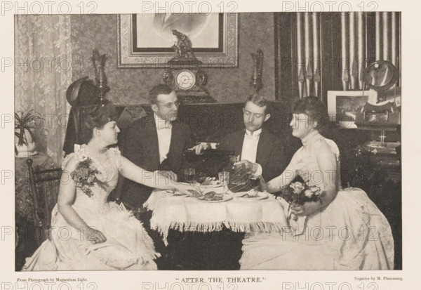 Two men and two women sit at a table in an entertainment venue, 'After the Theater', page, photomechanical print, inscription: 'From Photograph by Magnesium Light.', photographer: M. Flammang, cliché maker: anonymous, c. 1884 - in or before 1889, paper, autotypie, height 100 mm x width 151 mm, inn, coffee-house, public house, adult woman, adult man, A black and white scene of four people seated around a small table covered with a fringed tablecloth, with two women in light-colored dresses holding small bouquets on opposite sides and two men in dark formal jackets seated between them; the table holds plates, glasses, and a small teapot or coffee pot being handled by one man, while the other man looks toward him; behind them is a mantel with an ornate clock topped by a small statuette, flanked by decorative objects and framed artwork above, with patterned curtains and a potted plant visible at the sides.