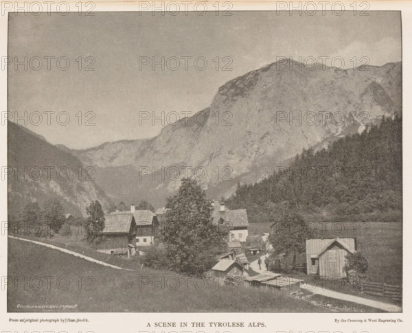 A Scene in the Tyrolean Alps, View of a few houses in the Tyrolean Alps, page, photomechanical print, name: 'IVES', photographer: Charles Scolik, Alps, cliché maker: Crosscup & West Engraving Co. (possibly), Philadelphia, c. 1884 - in or before 1889, printer (person), North America, paper, autotype, height 121 mm x width 157 mm, rural housing, eg country-house, villa, cottage, mountains, A grayscale image showing a mountainous landscape with a large rocky peak rising behind a forested slope, a valley in front of the mountain containing scattered houses with pitched roofs and chimneys, trees interspersed among the buildings, a narrow path or road winding through the settlement, open grassy areas on the foreground slopes, and a mostly clear sky above.