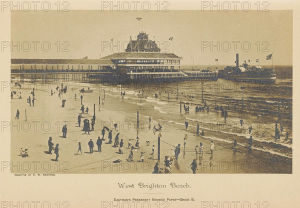 West Brighton Beach, View of Brighton Beach, photograph, page, inscription: 'Eastman's Permanent Bromide Paper-Grade B.', photographer: EW Newcomb, Brighton, c. 1884 - in or before 1889, EW Newcomb, photographer, paper, gelatin silver print, developing gelatin silver print, height 98 mm x width 169 mm, beach, pier, quay, wharf, Brighton Pier, A wide sandy beach with numerous people walking, standing, and playing near the waterline, some holding umbrellas and some wading in shallow waves, with scattered posts and ropes in the sand marking off areas; a long wooden pier extends into the sea, supporting a large multi-tiered pavilion with flags on its roof and decorative architecture, and a steamboat with a tall funnel and flags is positioned near the pier at the water's edge.