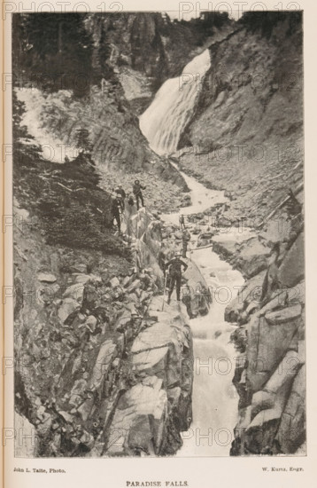 Paradise Falls, View of a group of mountain climbers at a waterfall, page, photomechanical print, photomontage, photographer: John L. Taite, cliché maker: Kurtz, 1887 - 1907, paper, autotype, height 172 mm x width 114 mm, waterfall, mountain climbing, mountaineering, A vertical black-and-white photograph showing a rocky canyon with a waterfall cascading from an upper ledge into a narrow, tumbling stream that flows down between steep rock walls; several people in outdoor clothing and hats stand on narrow rocky ledges and boulders along the stream, some holding walking sticks, while trees and vegetation appear on the higher slopes and ledges surrounding the falls.