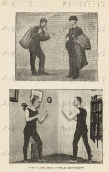 Example of two photographs of a person printed on one negative, Showing Two Photographs of Same Person on a Single Negative, page, photomechanical print, photographer: Frank A. Gilmore, clichémaker: anonymous, c. 1892 - in or before 1897, paper, autotype, height 59 mm x width 93 mm, adult man, A page showing two framed photographic scenes one above the other separated by white space, the top scene depicting two men standing against a brick wall facing each other, one man wearing a cap and carrying a large sack over his shoulder while extending a hand, the other man wearing a bowler hat and coat and holding a long object under his arm, the lower scene showing two men in sleeveless dark singlets and tights facing each other in a room, each with fists raised as if sparring, with a door and framed pictures on the wall and a tall narrow shelf of books visible at the edge.