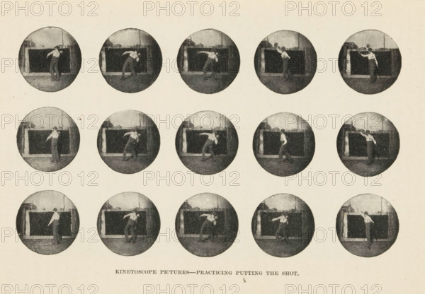 Kinetoscope Pictures - Practicing Putting the Shot, Fifteen examples of Kinetoscope pictures, depicting a man throwing a ball, page, photomechanical print, c. 1892 - in or before 1897, paper, autotype, height 94 mm x width 159 mm, ball-throwing, A grid of circular black-and-white photographs arranged in rows on a pale background, each circle showing a person standing outdoors near a dark rectangular structure, the person captured in various poses with arms extended or bent and body leaning in different directions, the surrounding area showing a ground surface and indistinct background elements, all images having a grainy, high-contrast appearance.