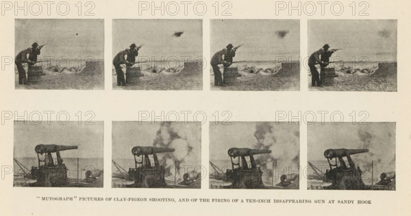 Magic trick called 'The Sausage Factory', The Sausage Factory, page, photomechanical print, inscription: 'SCI. AM. NY', maker: unknown, c. 1892 - in or before 1897, paper, autotypie, height 43 mm x width 56 mm, adult man, lamb, A page with two rows of four small rectangular grayscale photographs each, the top row showing a pair of men on a shoreline with one man aiming a long gun while the other leans on a barrel and a clay target visible in the sky, and the bottom row showing a large naval gun mounted on a ship with smoke near the barrel in successive frames; the images have a grainy, vintage appearance and are set against a pale background.
