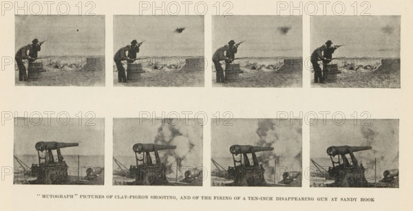Mutograph' Pictures of Clay-pigeon Shooting, and of the Firing of a Ten-inch Disappearing Gun at Sandy Hook, Two series of photographs produced with a 'Mutograph', depicting two men shooting clay pigeons and firing a cannon, page, photomechanical print, inscription: 'SCI. AM. NY', maker: unknown, c. 1892 - in or before 1897, unknown, paper, autotypie, height 83 mm x width 189 mm, firearms: cannon, firearms: rifle, A sepia-toned sheet showing two rows of four rectangular photographic frames each, with the top row depicting two men on a shoreline aiming a long gun while leaning on a barrel and a low sandbank in the background, and the bottom row showing a large mounted naval gun on a ship with smoke around its muzzle in successive positions; the sheet has a broad margin and faint printed text along the bottom edge that is visible but not described.