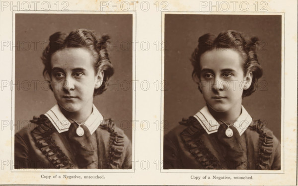 Effect of the retouching of the negation, Two portraits of an unknown young woman, one retouched, page, photomechanical print, inscription: 'Plate VI', maker: unknown, c. 1870 - in or before 1875, paper, collotype, photoprint, height 81 mm x width 139 mm, adolescent, young woman, maiden, anonymous historical person depicted, Two sepia-toned portrait photographs of the same young woman are shown side by side on aged paper, each framed by a thin dark border. The woman is seen from the chest up, facing slightly to her left in the left photo and more directly forward in the right photo, with similar calm facial expressions in both. She has neatly styled hair pulled back with soft waves and small curled sections near the temples. She wears a dark dress with decorative ruffled trim along the front and a light-colored collar with a round pendant at the throat suspended from a ribbon. The background behind her in both portraits is plain and evenly toned. The paper around the photos shows small...