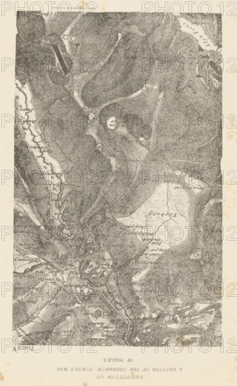 Reduction of a section of the ordnance survey map of Wales, Section of a map of Wales, page, photomechanical print, inscription: 'Plate V', cliché maker: S. Parkins, c. 1870 - in or before 1875, photographer, paper, lithography, height 150 mm x width 93 mm, maps, atlases, A vertically oriented detailed monochrome map with dense contour shading indicating hilly terrain, winding rivers and streams, a large irregular lake area, clustered road lines and small built-up areas, scattered isolated circular features, various curving paths and boundary lines, textured hill slopes and valleys, and small patches of lighter open ground against a pale background.