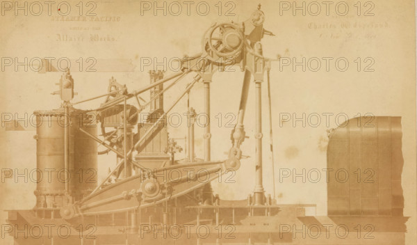 View of a steam engine, Steamer Pacific, Built at the, Allaire Works, photograph, page, inscription: 'Designed by, Charles W Copeland, ...', North and Central America (possibly), c. 1859 - in or before 1864, photographer, paper, albumen print, height 123 mm x width 204 mm, Photo opposite title page., machine driven by steam, machines, engines, crafts and industries, A sepia-toned technical drawing of a large steam engine assembly occupying the left and center of the image, showing cylindrical boilers, vertical columns, a large flywheel with spokes, connecting rods, pivoting beams, and framed supports with visible bolts and rivets; on the far right a curved, riveted metal plate or hull section stands separate from the machinery; the background is a plain aged paper texture with subtle stains and smudges.