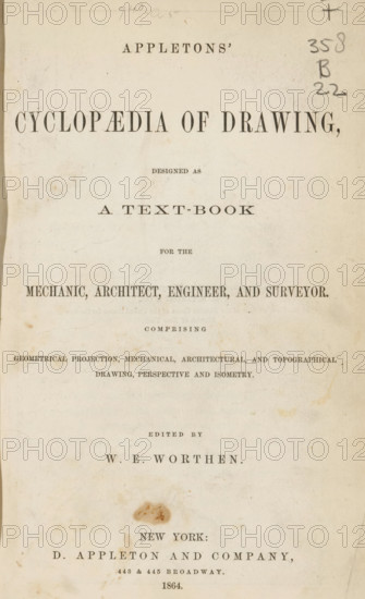 Appleton's cyclopaedia of drawing, designed as a text-book for the mechanic, architect, engineer, and surveyor, etc., ed. by We Worthen, book, inscription: ', ', annotation: 'KR 222', annotation: 'AUG, 1998', writer (clerical worker): William Ezra Worthen, publisher: D. Appleton and Company, New York (city), 1864, William Ezra Worthen, D. Appleton and Company, writer (clerical worker), publisher, North America, textile materials, pasteboard, biological material, paper, linen (material), leather, printing, albumen print, height 248 mm x width 168 mm x thickness 51 mm, A faded page with printed headings and horizontal lines of text in varying large and small serif type, displaying an aged cream paper background with scattered brown spots and a larger blotch near the center, faint pencil scribbles along the top edge, darker pencil marks and a small cross near the upper right, and overall signs of wear and slight creasing along the margins.