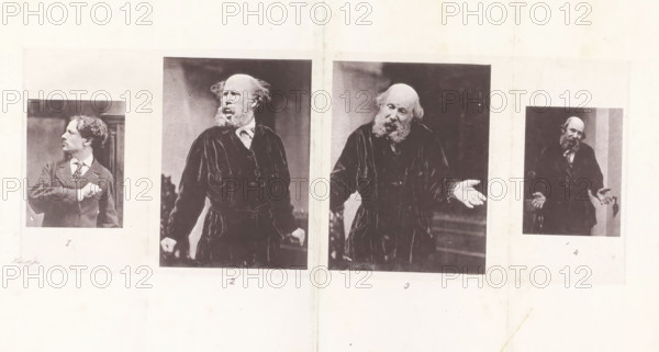 Four portraits of unknown men presumably showing helplessness, page, photomechanical print, number: 'Pl. VI. 1 2 3 4', c. 1863 - in or before 1873, paper, heliotype, height 187 mm x width 318 mm, Page opposite page 264., passions, emotions, affections, Weakness, Powerlessness, Helplessness, 'Infermità' (Ripa), A wide pale page shows four sepia photographic portraits arranged horizontally with space between them; each portrait is bordered by a lighter margin. The leftmost portrait depicts a young man in a suit and patterned tie turned to his right with his left hand tucked inside his jacket and a serious expression. The second portrait shows an older man with a balding head and wild hair at the sides, a full beard, and a dark velvety coat, facing left with his mouth slightly open and fists near his sides. The third portrait features the same older man in the same dark coat, facing forward with his head tilted and one hand extended palm up while the other rests near his side. The rightmo...