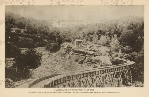 Sluice Line Constructed on Curve, View of a flushing water line at a mine, page, photomechanical print, inscription: 'A straight line is, of course, preferable for sluices. In background are seen a grizzly and an undercurrent.', California, c. 1885 - in or before 1890, North America, paper, collotype, photogravure, height 109 mm x width 184 mm, mine, pipe system (, water supply), A sepia-toned photograph shows a wooden elevated flume curving from the foreground toward the midground, supported by a framework of trestles, with a long channel running along its top; the flume passes by a hillside where a cluster of simple wooden structures and platforms sit among cleared earth and scattered logs; the surrounding landscape is composed of densely treed slopes and rocky ground, with a riverbed or dry rocky area visible below the flume, and trees and vegetation covering the hills in the background under a pale, hazy sky.