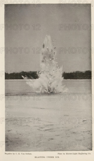 Timer with a falling ball to measure shutter speed, page, photomechanical print, c. 1888 - in or before 1893, paper, autotype, height 114 mm x width 53 mm, statistic diagram, graph, pictorial chart, A vertical black-and-white photograph showing a frozen flat surface with a high, dramatic vertical spray of water and ice fragments erupting from a central point, surrounded by scattered flying shards and a misty plume, a distant dark treeline visible along the horizon behind the explosion, and a large expanse of smooth ice in the foreground.