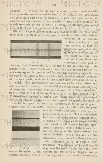 Two views of sunspots, page, photomechanical print, number: 'No. 110.No. 108.', c. 1892-07-09 - in or before 1892-07-12, paper, autotype, height 214 mm x width 131 mm, Prints on page 234., sun-spots, A sepia-toned page from a printed book showing dense paragraphs of serif text arranged in narrow columns, with two rectangular photographic plates embedded in the left column; the upper plate is a horizontal rectangle bordered by a thin dark frame and contains a banded, grayscale image with horizontal and vertical streaks, while the lower plate is a taller, vertical rectangle with a dark solid horizontal band near its middle and lighter banded areas above and below, also bordered by a thin frame; small captions appear beneath each plate and a centered page number is visible at the top; the paper has a slightly aged, textured appearance with minor spots and uneven edges.