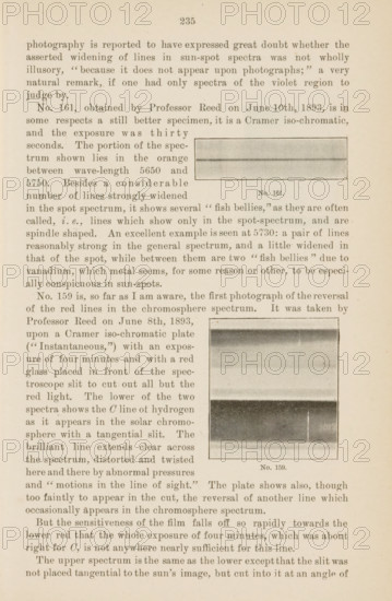 Two solar spectra, page, photomechanical print, number: 'No. 161.No. 159.', c. 1893-06-08 - in or before 1893-06-10, paper, autotype, height 214 mm x width 131 mm, Prints on page 235., physical aspects of the sun, A sepia-toned page from an old book with printed serif text filling most of the page, a centered page number near the top, and two rectangular grayscale photographic plates embedded among the paragraphs, one smaller plate near the upper right showing a horizontal banded gradient and a thin dark line across it with a caption beneath, and a larger plate lower on the right showing multiple horizontal bands of varying darkness and texture framed by a thin border with a caption beneath; the paper shows slight aging and a narrow margin around the text.