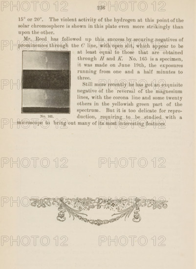 Surface of the sun, page, photomechanical print, number: 'No. 165.', 1892-06-19, paper, autotypie, height 40 mm x width 30 mm, unusual solar phenomena: parhelion or mock sun, spots on solar halo, A page from an old book with printed paragraphs across the top half, a small rectangular black and white photographic plate on the left margin showing horizontal dark and light bands, a tiny caption beneath the plate, a centered page number near the top, and an ornate decorative floral and scroll border near the middle-lower portion, all on aged cream-colored paper.