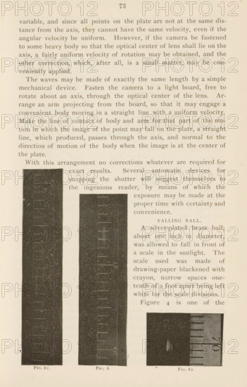 Vibrating tuning fork, page, photomechanical print, c. 1890 - in or before 1895, paper, autotypie, height 29 mm x width 38 mm, accessories, music: metronome, music stand, tuning fork, A page from a book showing a column of printed text across the top and down the right side, with three tall narrow dark photographic strips aligned vertically along the lower left and center and a small dark rectangular photograph near the lower right; the dark strips display faint horizontal lighter markings and the small rectangle shows a lighter central shape against a darker background and a portion of a ruler-like element at its edge; the paper has an off-white, slightly yellowed tone and a small centered page number appears at the top.