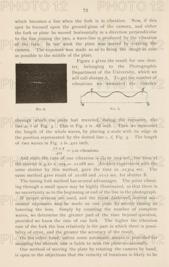 Three views of a falling ball along a ruler, page, photomechanical print, number: 'Fig. 4c, Fig. 4b', c. 1890 - in or before 1895, paper, autotype, height 212 mm x width 142 mm, Prints on page 73., falling, A faded page from a book showing a heading numeral at the top and multiple paragraphs of printed text filling the page, with a dark rectangular photographic image on the left margin labeled beneath, and a small simple line diagram of a wavy line inside a dashed rectangle to the right of the photograph, both images aligned in the middle of the page.