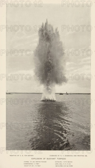 Explosion of a torpedo underwater, page, photomechanical print, photographer: CE von Sothen, cliché maker: NY Engraving and Printing Co., c. 1890 - in or before 1895, paper, autotypie, height 176 mm x width 101 mm, projectiles, explosives, A tall, vertical column of water and spray rises from the surface of a body of water, creating a dense plume that fans outward toward the top; rippling water extends from the base of the plume toward the foreground, and a low distant shoreline with a couple of small vessels is visible on the horizon under a cloudy sky.
