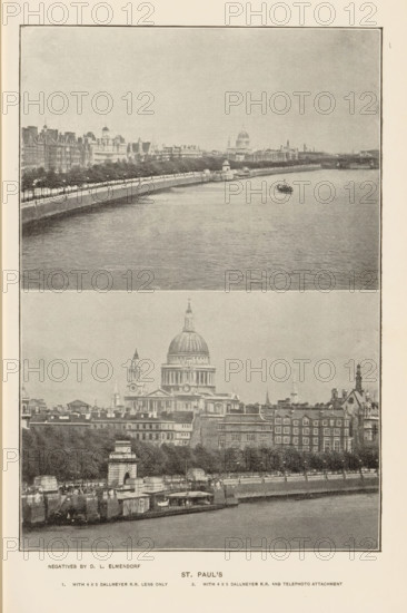 St. Paul's, page, photomechanical print, photographer: Dwight Lathrop Elmendorf, London, cliché maker: anonymous, c. 1890 - in or before 1895, Dwight Lathrop Elmendorf, photographer, cliché maker, paper, autotypie, height 165 mm x width 112 mm, church (exterior), facade (of house or building), Saint Paul's Cathedral, A vertically oriented page shows two separate black-and-white photographic prints stacked one above the other, each framed by a thin border. The top image depicts a wide river with a promenade running along its near bank lined with trees and a series of buildings beyond, and a small boat floating on the water toward the far side. The bottom image centers on a large domed cathedral rising above surrounding rooftops and other architectural elements, with rows of buildings and trees in front of it and part of a riverside embankment visible at the lower edge. The overall page has a light background with narrow margins around the framed photographs.