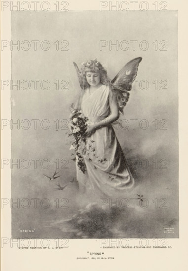 Spring', reproduction, page, photomechanical print, photographer: SL Stein, cliché maker: Process Etching & Engraving Co., after painting by anonymous, c. 1890 - in or before 1895, SL Stein, Process Etching & Engraving Co., photographer, cliché maker, after painting by, paper, autotypie, height 157 mm x width 115 mm, flowers, elf, A grayscale image of a young woman with long wavy hair wearing a flowing sleeveless gown and a floral crown, shown standing and looking downward with a gentle expression; she has large decorative butterfly-like wings attached to her back and holds a cascading bouquet of flowers at her midsection, with small birds flying nearby and soft cloudlike shading around her lower body.