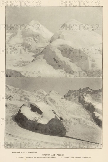 Castor and Pollux, page, photomechanical print, photographer: Dwight Lathrop Elmendorf, cliché maker: anonymous, c. 1890 - in or before 1895, paper, autotypie, height 166 mm x width 112 mm, mountains, Alps, Castor, Pollux, A vertically oriented image showing two black-and-white photographic panels of snow-covered mountain peaks separated by a thin horizontal border and framed by a narrow dark outline. The upper panel displays a wide view of rounded, snow-clad summits with smooth snowfields and exposed rocky ridges, the tones ranging from pale highlights to darker shaded rock faces. The lower panel shows a closer perspective of rugged alpine terrain with a prominent darker, snow-capped rock in the foreground and steep glaciers and jagged peaks receding into the background, with varied textures of packed snow, crevassed ice, and rocky outcrops. The outer margin around the framed photographs is a pale neutral tone.