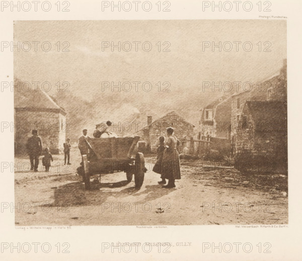 View of a street and unknown people loading a cart, page, photomechanical print, photographer: Léonard Misonne, cliché maker: Meisenbach, Riffarth & Cie., Berlin, publisher: Wilhelm Knapp Verlag, Halle an der Saale, c. 1893 - in or before 1898, Saxony-Anhalt, paper, photoaquatint, height 120 mm x width 163 mm, Print two pages before page 354., city-view, and landscape with man-made constructions, four-wheeled, animal-drawn vehicle, eg: cab, carriage, coach, A faded, sepia-toned street scene showing a dirt road flanked by buildings with pitched roofs, a wooden cart with large wheels occupying the center foreground, several silhouetted figures including a woman in a dress standing near the cart and children walking or standing nearby, stone and timber structures lining the street, a low stone building with a chimney in the midground, faint shadows cast on the ground, and a textured sky occupying the upper portion of the image.