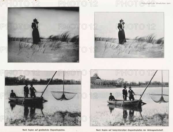 Two variations of two photos, one of an unknown woman in the dunes and one of unknown men on a fishing boat, page, photomechanical print, inscription: 'Nach Kopien auf gewöhnliche Diapositivplatten. Nach Kopien auf Isolarchlorsilber-Diapositivplatten der Aktiengesellschaft, für Anilinfabrikation in Berlin.', cliché maker: Meisenbach, Riffarth & Cie. (possibly), Berlin, c. 1895 - in or before 1900, photographer, paper, autotypie, height 168 mm x width 233 mm, dunes (sea not visible), in the dunes, rowing-boat, canoe, A photographic page with four framed black-and-white images arranged in two rows, the top row showing two similar images of a woman standing on sandy dunes with tall thin grasses, wearing a long dark dress and a hat, one image darker and one lighter; the bottom row showing two similar images of three people in a small rowboat on calm water with a large suspended net nearby, reflections visible in the water and a tree-lined shore in the background.