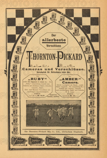 View of a group of running boys, page, photomechanical print, monogram: 'W&H', photographer: unknown, c. 1896 - in or before 1901, paper, autotypie, height 40 mm x width 88 mm, youth, adolescent, running, A vertically oriented vintage advertisement printed on beige paper featuring a large ornamental arch filled with repeated small illustrations of a boxy camera along its inner border, a checkerboard pattern in the upper corners, and a central decorative header with bold stylized lettering. Below the header are two octagonal framed blocks containing smaller printed paragraphs, flanking a central column of decorative flourishes and a horizontal photographic image showing a group of men in light athletic clothing running on a grassy field. The lower section includes a narrow horizontal band with a manufacturer line and a row of detailed camera illustrations across the bottom, all enclosed within a double-lined rectangular frame.