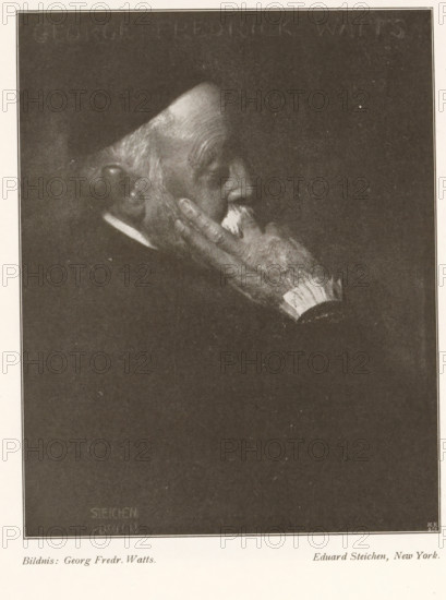 Bildnis: Georg Fred. Watts, Portrait of Georg Frederick Watts, George Fredrick Watts, page, photomechanical print, photographer: Edward Steichen, cliché maker: Meisenbach, Riffarth & Cie. (possibly), Berlin, c. 1898 - in or before 1903, paper, autotypie, height 164 mm x width 130 mm, Print on third unnumbered page after page 182., Person, George Frederick Watts, historical persons, A dark, grainy portrait of an elderly man in profile against a mostly black background, with his head slightly bowed and his hand resting against his cheek; he has a bald crown, white hair at the temple, a bushy white mustache, visible facial wrinkles, and a textured hand with a cuff visible at the wrist, the image framed by a light border and a wider light margin around the edges.