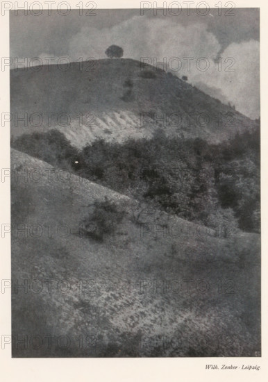 Hilly landscape, page, photomechanical print, photographer: Wilh. Zenker, cliché maker: Meisenbach, Riffarth & Cie. (possibly), Berlin, c. 1898 - in or before 1903, paper, autotypie, height 195 mm x width 139 mm, landscapes, (high) hill, A grainy grayscale photograph showing a sloping hillside with textured ground in the foreground, a darker band of vegetation or trees across the midsection, and a rounded hill rising toward the top with a solitary tree silhouetted on its crest beneath a cloudy sky.