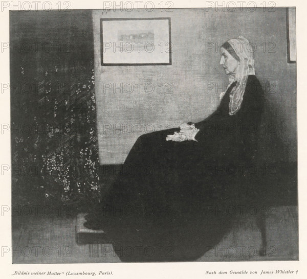 Bildnis meiner Mutter' (Luxembourg, Paris), Reproduction of Whistler's Mother by James Abbott McNeill Whistler, reproduction, page, photomechanical print, monogram: 'AB, M', cliché maker: unknown, after painting by James Abbott McNeill Whistler, c. 1898 - in or before 1903, photographer, paper, autotypie, height 132 mm x width 149 mm, Person, Anna Mathilda McNeill-Whistler, historical persons - BB - woman, A grayscale image of a seated elderly woman in profile facing right, wearing a dark dress and a light headscarf with a long trailing end, her hands resting in her lap holding a light cloth, positioned against a plain wall with a framed picture above and a patterned curtain or textile visible to the left, the scene showing strong contrasts between the dark figure and lighter background.