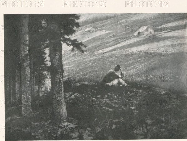 Man looking out over a landscape, with two houses in the background, page, photomechanical print, photographer: Scholz, Th. & R., cliché maker: anonymous, c. 1898 - in or before 1903, paper, autotype, height 139 mm x width 200 mm, landscapes, adult man, rural housing, eg country-house, villa, cottage, A grayscale scene shows a person sitting on a rocky slope facing a gently sloping meadow, with their hand raised to their head and wearing loose clothing; tall tree trunks and branches occupy the left foreground, partially obscuring the view, while the meadow extends into the background where two small pitched-roof huts sit on the hillside.
