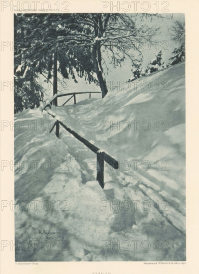 Schnee, Winter landscape, page, photomechanical print, photographer: Heinrich Bachmann, cliché maker: Meisenbach, Riffarth & Cie., Berlin, publisher: Wilhelm Knapp Verlag, Halle an der Saale, 1902 - 1903, 1902, printer (person), Saxony-Anhalt, paper, autotypie, height 179 mm x width 123 mm, Print six of fourteen prints at the back of the book., landscapes, snow, A snowy scene showing a sloping landscape with deep snow drifts and textured shadows, a simple wooden handrail running up the slope with snow accumulated on its posts and top, bare tree trunks and branches at the top of the slope with snow clinging to some limbs, denser evergreen branches partially covered in snow on the left, and a pale sky visible behind the trees.