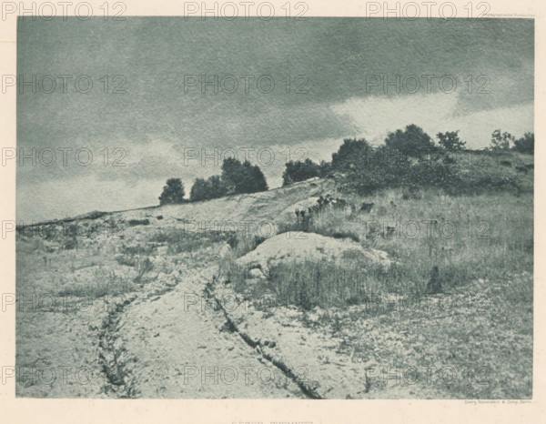 Winter landscape, page, photomechanical print, photographer: F. Eger, cliché maker: Büxenstein & Comp., Georg, Berlin, c. 1898 - in or before 1903, paper, photoaquatint, height 141 mm x width 190 mm, Print eight of fourteen prints at the back of the book., landscapes, snow, A grainy monochrome landscape showing a sloping, uneven foreground of rough, textured ground and sparse vegetation with a narrow rutted path or trench winding toward the middle distance; the midground contains low grassy areas and a cluster of darker, bushy trees and shrubs along a ridge; the sky overhead is broad and cloudy with a heavy, mottled tone.
