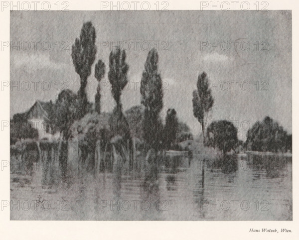 Landscape with trees, page, photomechanical print, monogram: 'AG', photographer: Hans Watzek, cliché maker: unknown, 1903, paper, autotype, height 144 mm x width 194 mm, Print on second unnumbered page after page 160., landscapes, trees, A grayscale image showing a riverside scene with tall, slender trees rising along the bank and their diffused reflections in the water below, low foliage and larger rounded trees interspersed among the taller ones, a small house with a pitched roof partially visible behind the trees on the left, a calm water surface with subtle ripples and mirrored shapes, and a cloudy sky occupying the upper area.