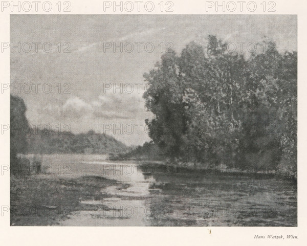 Landscape with river, page, photomechanical print, monogram: 'AG', photographer: Hans Watzek, cliché maker: unknown, c. 1898 - in or before 1903, paper, autotypie, height 143 mm x width 194 mm, Print on fifth page after page 160., landscapes, river, A grayscale scene showing a body of water reflecting the sky, with a shoreline that curves inward and a dense stand of tall trees on the right side; distant hills or landforms appear on the left and background, and the sky contains soft, diffuse clouds.
