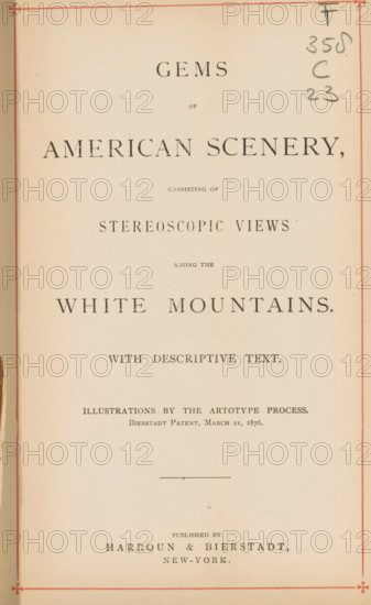 Gems of American scenery, consisting of stereoscopic views among the White Mountains : with descriptive text, book, Book with stereo photographs with a fold-out part in the cover that can be used as a stereo viewer., annotation: 'Nisidel', date: 'Mar 1997', photographer: Bierstadt Brothers, publisher: Harroun & Bierstadt, New York (city), 1878, North America, textile materials, inorganic material, paper, linen (material), rice paper (paper), glass, printing, collotype, height 230 mm x width 136 mm x thickness 29 mm, A vertically oriented aged page with a pale beige background and narrow red border lines near the edges, showing a centered layout of large serif printed words arranged in multiple horizontal groups. The page has darker printed marks and small smudges, a narrow darker strip along the left edge, and handwritten pencil marks near the upper right corner. There is a short horizontal decorative line near the lower middle and a small star-like corner flourish visible at the botto...