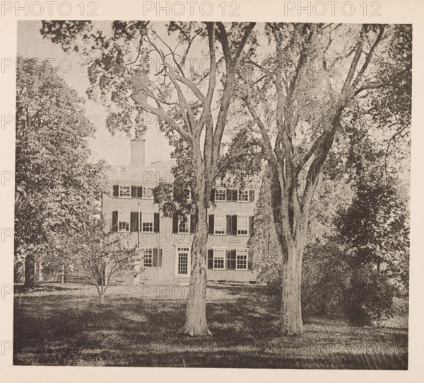View of Elmwood in Cambridge, page, photomechanical print, photographer: William James Stillman, Cambridge (MA), cliché maker: anonymous, United States of America, c. 1866 - in or before 1876, North America, Massachusetts, paper, collotype, photoprint, height 155 mm x width 177 mm, housing, facade (of house or building), A large multi-story house with evenly spaced windows and shutters is partially obscured by several tall trees with textured trunks and branching limbs; leafy canopies frame the top of the scene and cast dappled shade across a grassy lawn in front of the house, where a smaller tree and some shrubbery are visible, and a faint outline of a bench or low structure sits near the building.