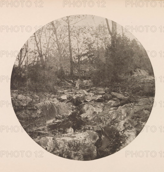 Beek te Massachusetts, page, photomechanical print, photographer: William James Stillman, Massachusetts, cliché maker: anonymous, United States of America, c. 1866 - in or before 1876, North America, paper, collotype, photoprint, height 151 mm x width 151 mm, trees, brook, A circular black-and-white photograph set against a light background showing a rocky streambed with water flowing among large, weathered stones and boulders, edged by dense undergrowth and shrubs; behind the foreground rocks a variety of leafless and sparsely leaved trees rise with visible trunks and branches, some leaning and interwoven, and a lone upright stump stands among stones near the center; the overall tone is grainy and monochrome with contrasts between dark vegetation and lighter exposed rock surfaces.