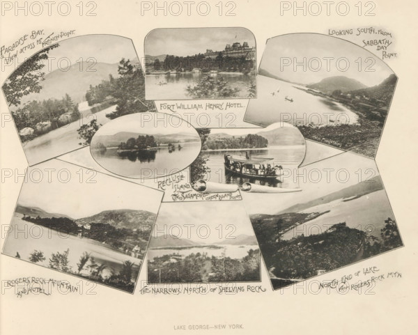 Views of Lake George and hotels and boats by the lake, Lake George - New York, page, photomechanical print, inscription: 'Paradise Bay. View across to French Point, North end of Lake from Rogers Rock MTN', Lake George, c. 1883 - in or before 1893, North America, paper, collotype, photogravure, height 199 mm x width 240 mm, lake, hotel, hostelry, inn, traffic on the water, A collage of sepia-toned photographs arranged in fanlike panels shows lakeside and mountainous scenes, with tree-lined shorelines, rocky shores, and calm water reflecting trees and distant hills, and one image featuring a multi-story hotel building on a wooded hillside above the water; another panel depicts a small passenger boat carrying people on the lake with a canopy, while other panels show islands and peninsulas with clusters of trees, shore rocks, and gentle slopes, all presented against a pale background.