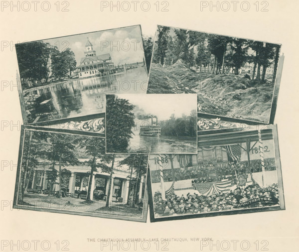 Five impressions of a Chautauqua gathering at Chautauqua Lake, The Chautauqua assembly - Lake Chautauqua, New York, page, photomechanical print, Chautauqua Lake, c. 1883 - in or before 1893, North America, paper, collotype, photogravure, height 199 mm x width 240 mm, meeting, assembly, lake, A collage of vintage photographic postcards arranged at angles on a pale background, showing sepia-toned scenes including a lakeside building with a tower and a wraparound porch reflected in calm water, a wooded area with uneven grassy mounds and tall trees, a river scene with a multi-deck paddlewheel steamboat emitting smoke surrounded by trees, a shaded open pavilion with columns and benches beneath trees, and a crowded outdoor stage area decorated with draped banners and filled with seated people, all images bordered and slightly overlapping.