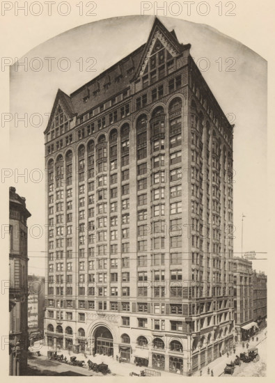 View of the Masonic Temple skyscraper in Chicago, Masonic Temple, page, photomechanical print, Chicago, 1893, North America, Illinois, paper, collotype, photoprint, height 196 mm x width 140 mm, skyscraper, A tall multi-story building with ornate arched windows near its top, a steep pitched roof with decorative gables, and a large arched entrance at street level; rows of uniform rectangular windows cover the facade, and decorative masonry details are visible around the upper arches and cornice; street-level storefronts and entryways line the ground floor, with several horse-drawn carriages and a few early automobiles parked along the street and small groups of people standing or walking on the sidewalks; adjacent buildings are visible at the left and right edges of the image, and utility lines run across part of the scene.