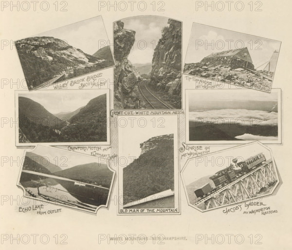 Eight landscapes and views of a house and a train in the White Mountains, White Mountains - New Hampshire, page, photomechanical print, inscription: 'Willey Brook Bridge Saco Valley, Jacobs Ladder MT Washington Railroad.', White Mountains, 1893, North America, New Hampshire, paper, collotype, photogravure, height 199 mm x width 240 mm, lake, railway, train, mountains, A sepia-toned collage of rectangular and polygonal photographic panels showing mountain scenes and infrastructure, including a narrow railroad track curving through a steep rocky cut between tall rock faces, a steep wooden trestle bridge with a locomotive and freight cars angled upward, a rustic stone-and-wood shelter perched on a rocky slope, valley views framed by ridges and distant peaks, a calm lake with a shoreline and reflected landscape, and a high vantage view of cloud cover above distant terrain, all arranged on a light paper background.