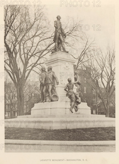 View of a statue by Gilbert du Motier de La Fayette in Washington DC, Lafayette Monument - Washington, DC, page, photomechanical print, Washington DC, c. 1891 - in or before 1893, North America, District of Columbia, paper, collotype, photoprint, height 193 mm x width 145 mm, Person, Gilbert du Motier (marquis de La Fayette), monument, statue, A stone monument with multiple bronze statues sits on a raised square pedestal in a park setting, with bare trees and a few buildings visible behind it; a central standing figure in a military coat is positioned atop the pedestal looking outward, while below on one side two uniformed male figures stand close together near a large drum and on another side a draped female figure reaches upward toward another reclining or seated figure partially obscured by the pedestal; the scene is rendered in a monochrome photographic tone and framed by leafless tree branches against a pale sky.