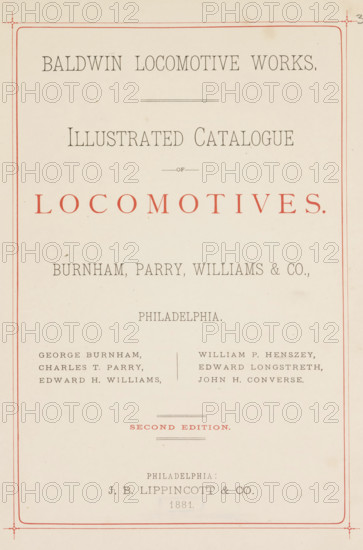 Baldwin locomotive works, book, inscription: 'ex libris SFJ', writer (clerical worker): various manufacturers, publisher: JB Lippincott & Co., Philadelphia, 1881, writer (clerical worker), North America, textile materials, pasteboard, paper, linen (material), printing, albumen print, height 279 mm x width 200 mm x thickness 22 mm, A cream-colored page with a thin red rectangular border and decorative corner marks contains multiple lines of printed text in various serif typefaces and sizes, including a large centered word in red and several smaller lines above and below in dark ink; there are faint ink lines used as separators and a faint vertical crease or fold visible near the center, along with small spots and light discoloration on the paper.