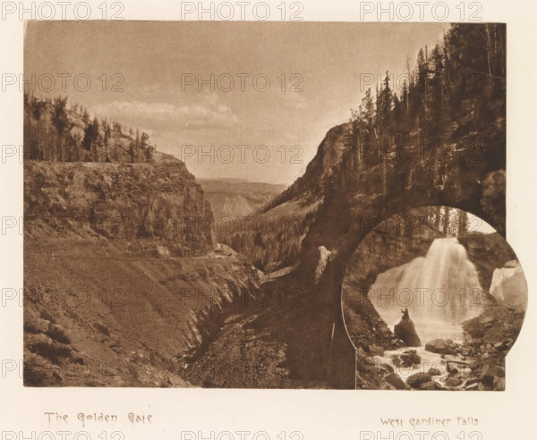 Excelsior Geyser 'Hell's Half Acre', page, photomechanical print, photographer: Frank Jay Haynes, Yellowstone National Park, cliché maker: The Photo-gravure Co., New York (city), c. 1882 - in or before 1887, Frank Jay Haynes, The Photo-gravure Co., photographer, cliché maker, North America, paper, photoaquatint, height 161 mm x width 221 mm, waterfall, ravine, chasm, abyss, canyon, Golden Gate Canyon, A sepia-toned landscape photograph showing a deep canyon with steep rocky cliffs and tree-covered slopes, a wide sky above with a few wispy clouds, a circular inset at the lower right featuring a waterfall cascading over rocks into a pool with surrounding boulders and a small rock outcrop, and vegetation along the canyon rims and slopes.