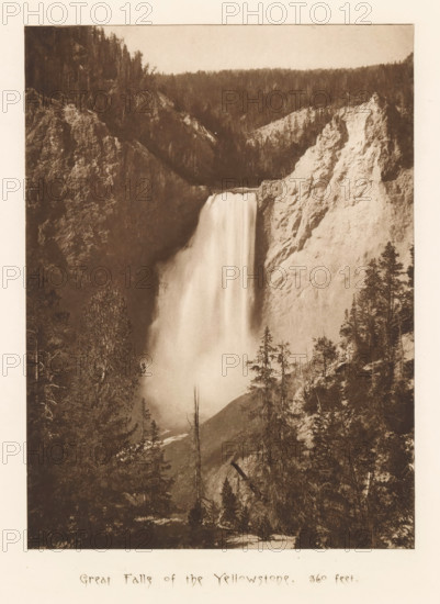 Great Falls of the Yellowstone, 360 feet, page, photomechanical print, photographer: Frank Jay Haynes, Yellowstone National Park, cliché maker: The Photo-gravure Co., New York (city), c. 1882 - in or before 1887, North America, paper, photoaquatint, height 220 mm x width 162 mm, waterfall, Lower Yellowstone Falls, A sepia-toned photograph showing a tall waterfall plunging between steep rocky cliffs into a misty basin below, surrounded by dense coniferous trees and rugged forested hills, with rock faces textured and lighter on one side and darker, shadowed cliffs on the other, and trees of varying heights framing the foreground.
