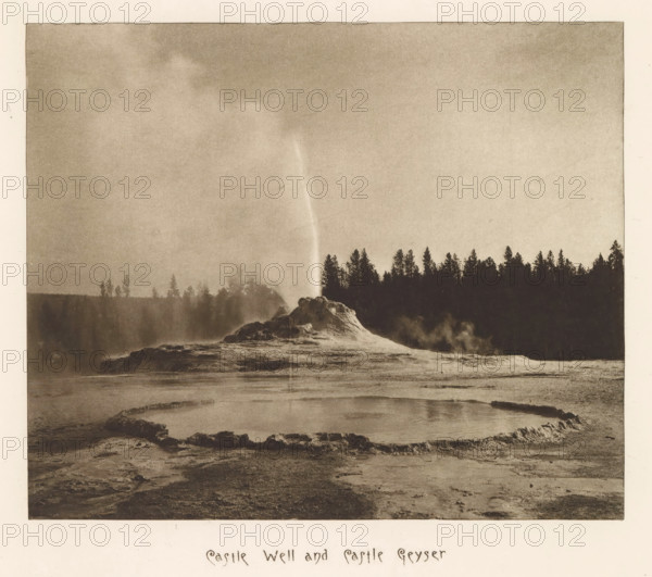 Castle Well and Castle Geyser, page, photomechanical print, photographer: Frank Jay Haynes, Yellowstone National Park, cliché maker: The Photo-gravure Co., New York (city), c. 1882 - in or before 1887, North America, paper, photoaquatint, height 175 mm x width 210 mm, hot spring, geyser, Castle Geyser, A sepia-toned landscape shows a steaming geothermal area with a rounded runoff basin in the foreground edged by a low, irregular rim; behind it a mound of mineral deposits rises with a narrow jet of water or steam shooting upward; a dark treeline silhouettes against a pale sky across the middle distance, and misty vapors drift around the mound and near the trees.