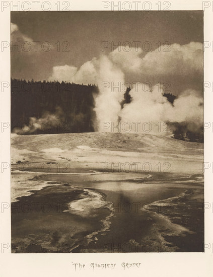The Giantess Geyser, page, photomechanical print, photographer: Frank Jay Haynes, Yellowstone National Park, cliché maker: The Photo-gravure Co., New York (city), c. 1882 - in or before 1887, North America, paper, photoaquatint, height 212 mm x width 168 mm, hot spring, geyser, Giantess Geyser, A vertical sepia-toned photograph showing a steaming geothermal area with a central column of steam rising from a mound in the midground and spreading plumes of steam to the sides, a dark treeline silhouetted behind the steam against a cloudy sky, a foreground of textured mineral deposits and shallow reflective pools with sinuous wet channels leading toward the viewer, and a pale border framing the image.