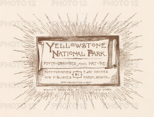 Yellowstone National Park, book, photographer: Frank Jay Haynes, Fargo, 1887, North America, North Dakota, textile materials, pasteboard, paper, linen (material), printing, photoaquatint, height 272 mm x width 357 mm x thickness 15mm, A rectangular framed panel with decorative rolled corners sits near the center, surrounded by radiating spiky lines like rays that extend outward across the page, the panel containing smaller ornamental flourishes and a decorative border, all rendered in a sepia-toned ink on a light beige background.