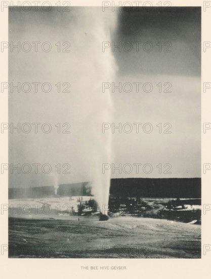 The Bee Hive Geyser, page, photomechanical print, photographer: Frank Jay Haynes, Yellowstone National Park, cliché maker: The Photo-gravure Co., New York (city), c. 1886 - in or before 1891, North America, paper, collotype, photoprint, height 216 mm x width 165 mm, hot spring, geyser, Beehive Geyser, A tall column of steam rises from a ground vent and extends upward through the frame, with a narrower plume visible further back near the horizon; the foreground shows textured ground with patches of snow and scattered small trees, while a line of darker forested hills spans the middle distance beneath a sky that transitions from lighter to darker tones.